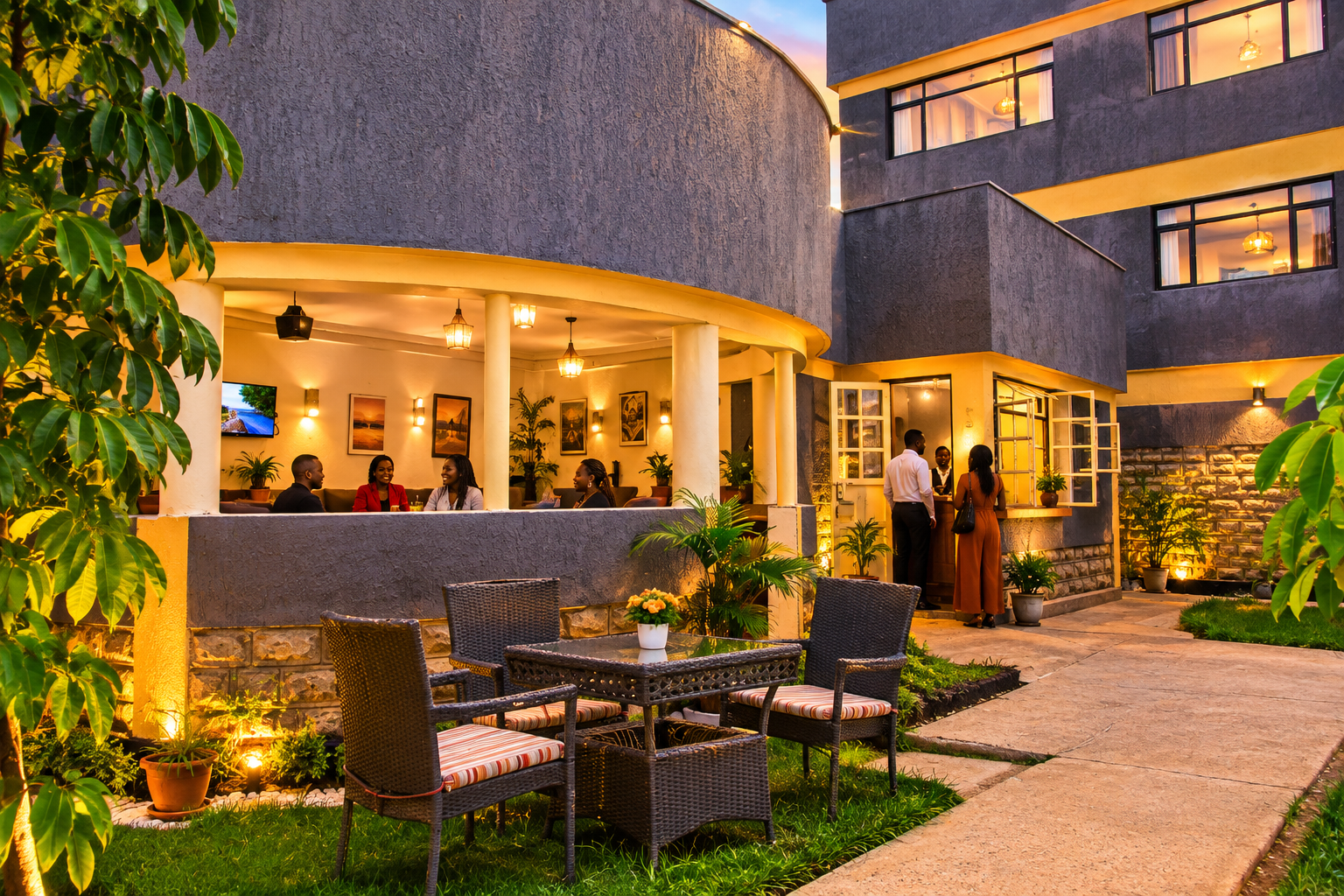 Calabash Express Hotel cozy exterior and garden lounge at dusk